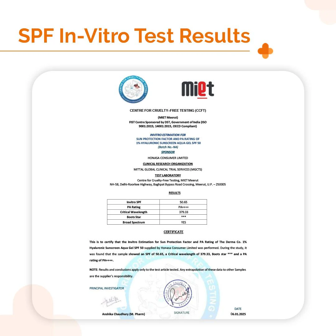 1% Hyaluronic Sunscreen Aqua Gel In-Vivo Tested (ISO 24444:2019 Certified, CTRI/2025/02/080287) with SPF 50 & PA++++ - 80g - Image 6